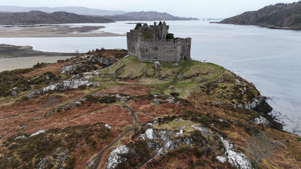 The historic ruins of Castle Tioram on the tidal island overlooking Loch Moidart in Ardnamurchan